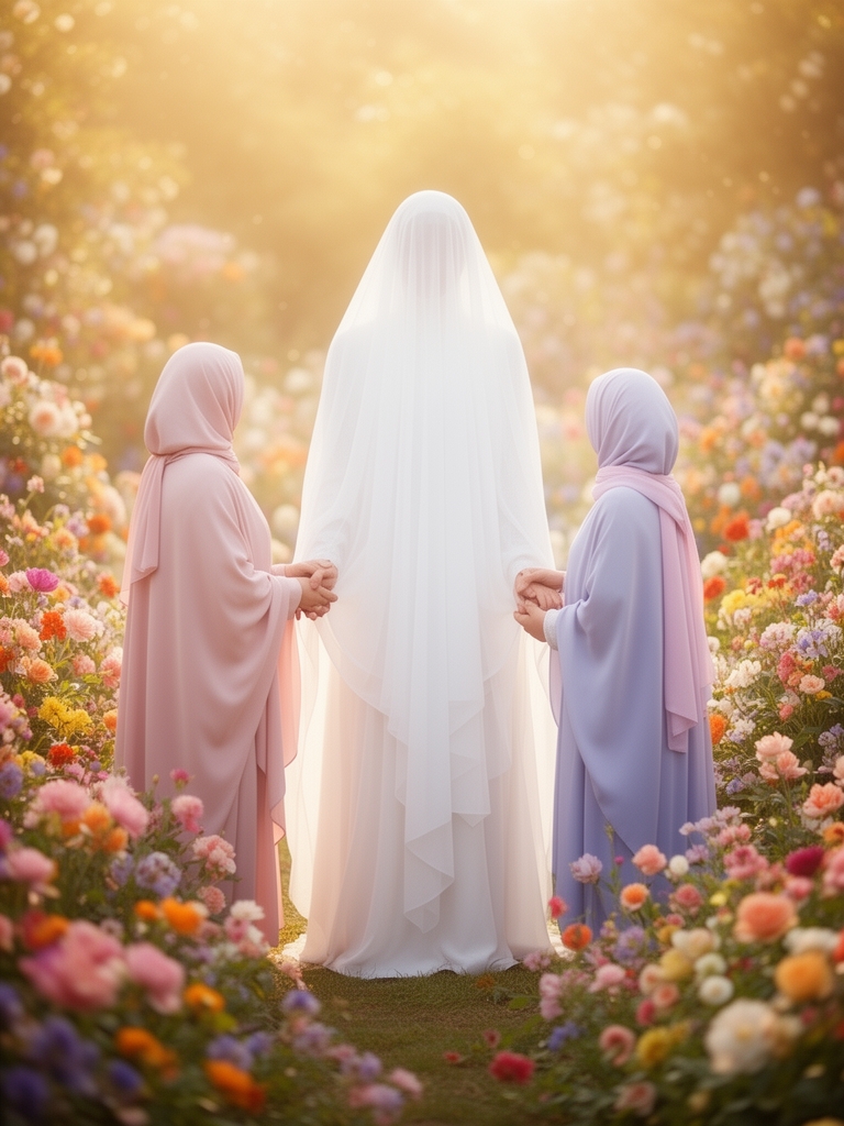 عکسی از یک مادر و یک دختر که پشت به دوربین ایستاده اند با حجاب زیبا و چادر و در بهشت جلوی یک خانم 20 ساله ایستاده اند که کل صورتش را با پارچه پوشانده است و دستان او را گرفته اند.
فضا بسیار زیبا و پر از گل باشد.0
