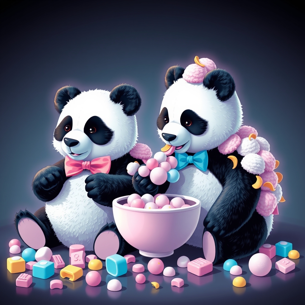 برایم تصویری از یک پاندا بساز که روی سرش پاپیون دارد و در دستش کاسه پفیلا است و کنارش یک پاندا دیگر است که دارد پشمک می خورد و پشتشان پر از پفک و چیپس است . و روی زمین پاستیل ریخته شده است . 10