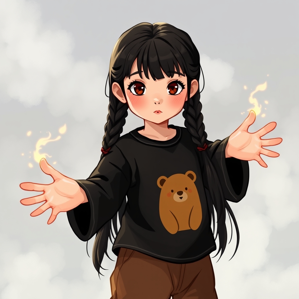 دختر8ساله با موهای مشکی بافته شده نسبتا بلند چشم قهوه ای پررنگ لب های صورتی ریز لباس مشکی ک رویش خرس قهوه ای است و شلوارش قهوه ای است و در حال اجرای جادو است4