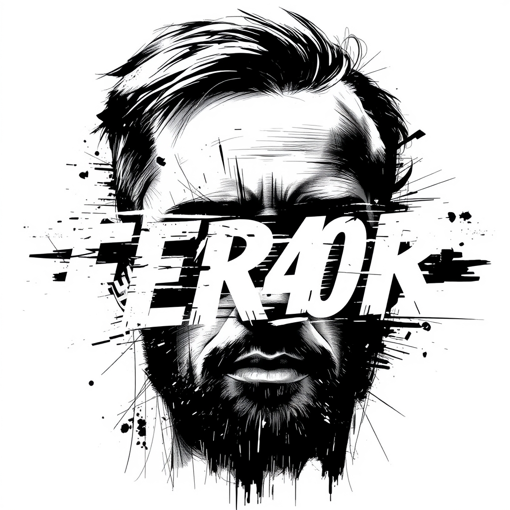 An abstract, glitch-art style portrait of a male head in black and white, composed of chaotic scratch lines, ink strokes, and fragmented digital textures. Across the face, bold distressed typography reading "ERROR" (or "ERROR 404") is integrated into the glitch effect, partially obscuring facial features. The design feels raw, fragmented, and dynamic, with a sense of digital malfunction and distortion. Minimal background, high contrast, fine art and cyberpunk-inspired.19