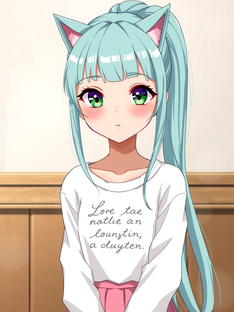 یه دختر زیبا و سفید،با لب های گوشتی قرمز،بینی کوچک،چشمانی به شکل گربه و به رنگ سبز و بنفش،مژه های پرپشت،موهای جلوش چتری باشه ،بقیه موهاشم بلند باشه و به صورت دم اسبی بالا بسته شده باشه،پایین موهاش در اطراف دختر پریشان باشه،رنگ موهاش آبی پاستیلی باشه،یه کراپ سفید تنشه که روش نوشته های انگلیسی ظریف داره،با یک دامن کوتاه زیبا به صورتی پاستیلی 8