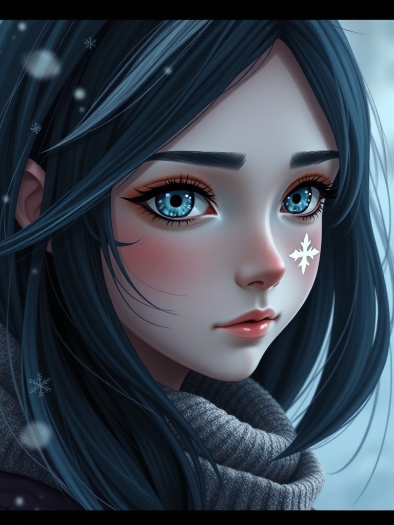 یه دختر با مو های مشکی که داخلش رگه های سفید داره و پایینش یه ذره رنگ آبی داره. چشم هاش آبی یخیه و روی گونه ی سمت راستش نقش یه دونه برف سفید و درخشان داره .0