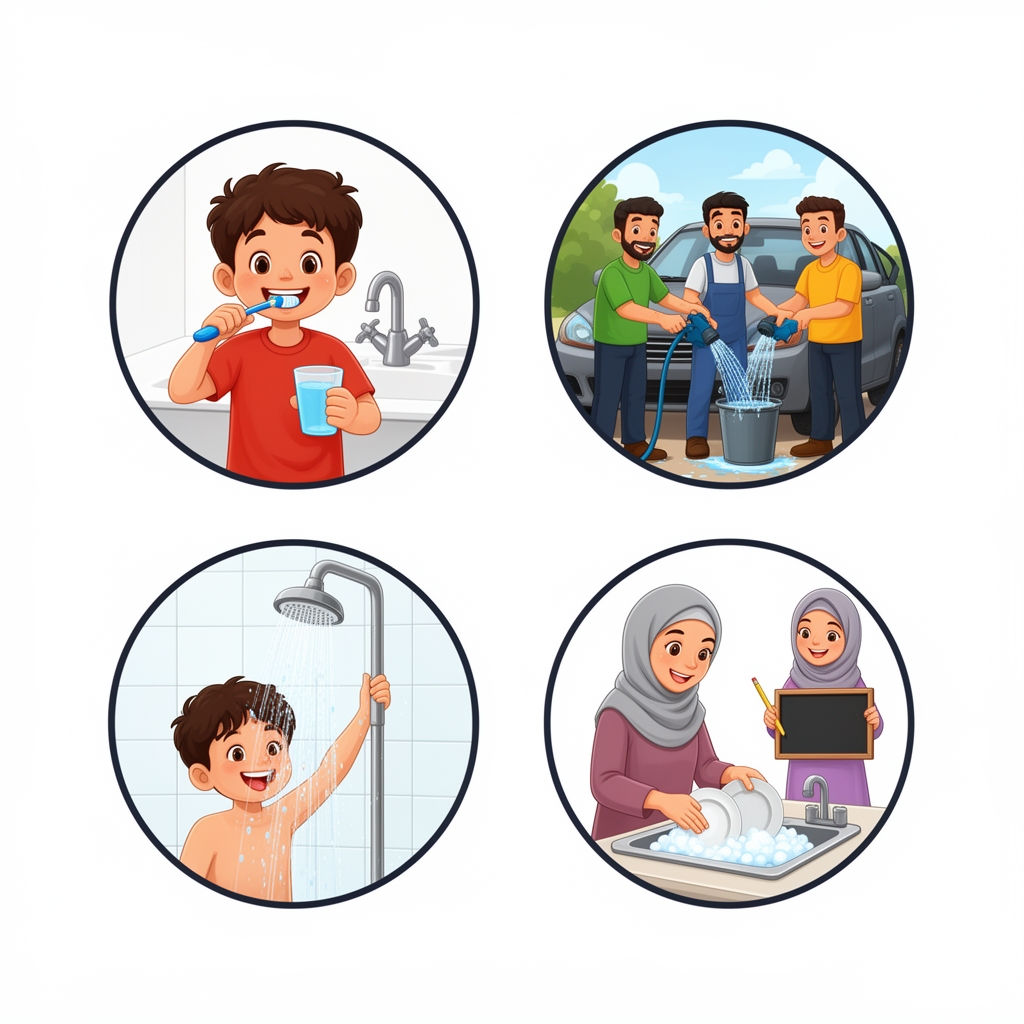 میخوام پوستر باشه که انواع مختلف صرفه جویی در مصرف آب باشه)چهر دایره باشه اولین دایره عکس یه پسر بچه که داره مسواک میزنه و در لیوان آب ریخته و شیر را بسته و خوشحال است دومین دایره عکس سه مرد که داره ماشین خود را میشوره و آب را داخل سطل ریخته و خوشحال است عکس یه پسر بچه است که دارد حمام میکند دیگری دایره عکس یه مادر باحجاب که داره ظرف های خانه را میشویه و سینک را پر آب و کف کرده و بالای تصویر سمت راسته یه دختر بچه با حجاب باشه که در دست او تخته شاسی و مداد است و خوشحال است و دادرد در آن چیزی مینو3