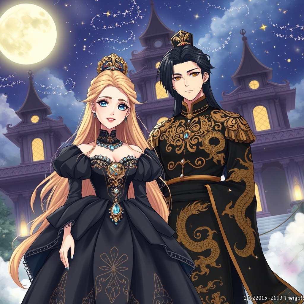 زیباترین بانو در جهان حتی در رویایی که شکوه خدا را داشته باشند که با چشمانی آبی و باپوستی سفید باشد که همانند ماه باشد که با موهای بلند طلایی رنگ باشد که با لبانی سرخ باشد که با لباس پفی به رنگ مشکی ناز که جواهر دوری شده باشد برتن داشته باشد که در کنارش زیباترین مرد جوان در جهان حتی در رویایی که با چشمانی زرد باشد وبا موهای مشکی تاج پوست سفید لباس لباس سلطنتی مشکی رنگ بلند طرح لباس اژدهای طلایی رنگی حکاکی شده باشد قصر اسرار آمیز باشد و ستاره ها در آسمان بدرخشد ببینیم رویایی چیکار میکنه 13