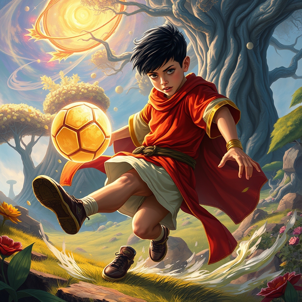 یه پسر 12 ساله با لباس فوتبالی در حال شوت کردن توپ8