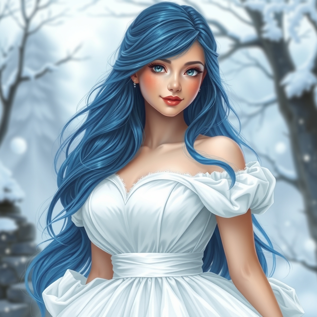 دختری جوان زیبا ترین بانوی جهان با موهای به رنگ آبی بلند حالت دار براق وچشم های که مردمک دریا باشد و با پوستی سفید همرنگ برف با گونه قرمز لبی سرخ با لباس پفی خیلی زیبا پرنسسی کنارا ژدهایی سفید هم برف می باره
یک طرفه هست عشقی که پسر دارد به دختر ولی دختر ندارد5