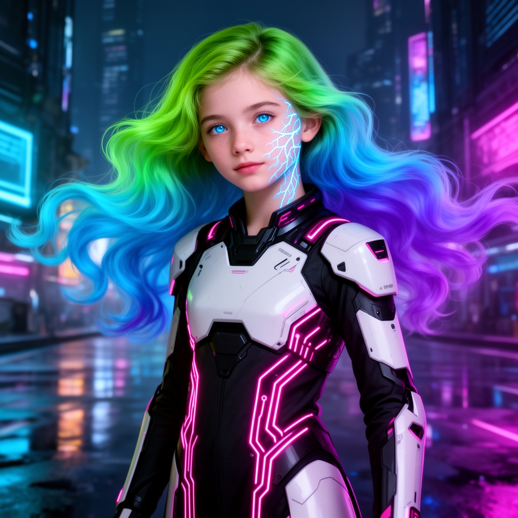 دختر ۱۴ ساله«کرونومموری + نوروفایبر» با موهایی که مثل موجهای نئون از ریشه تا نوک تغییر رنگ میکنن (سبز، آبی، بنفش) و روی صورتش، فقط از چونه تا وسط لپ، بعضی رگها مثل خطوط دیجیتال و نئون میدرخشن. پوست روشنی داره
چشم های آبی نافذ و لباس سایبرپانکی بلند شبیه به لباس جنگ مشکی و سفید با خطوط نئون یاسی 0