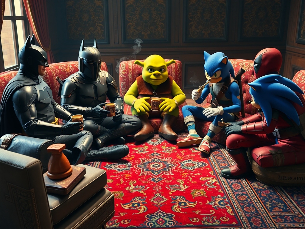 یک جمع چهار نفره که بتمن بر روی یک حصیر ایرانی نشسته و سمت راستش مندلورین و سمت چپش ددپول نشسته و روبروی بتمن شرک نشسته که صورتش به سمت بتمن است و سونیک در کنارشان نشسته است . همگی در حال مشورت هستند لیوان قدیمی ایرانی،چایی میخورند و قلیان میکشند. دور و اطراف پشتی های به سبک ایرانی وجود داردو فرش قرمز ایرانی.18