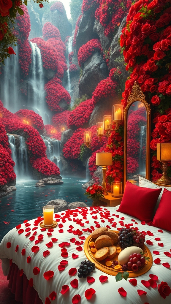باغ بزرگ و افسانه ای پر گل سرخ
آبشارها از میان صخره های بلند کوهستانی پوشیده از گل سرخ به داخل برکه می ریزند 
 گوشه کنار هزاران شمع روشن ست
یک تشک گرم و نرم سفید با کوسن های قرمز پر شده با گلبرگ های سرخ دیده می شود
و سینی گرد و طلایی پر نان کره خامه عسل میوه و شیر و شیر برنج خوشه انگور سرخ سیاه زرد 
نزدیک تشک یک آینه تمام قد بلند از طلا ایستاده17