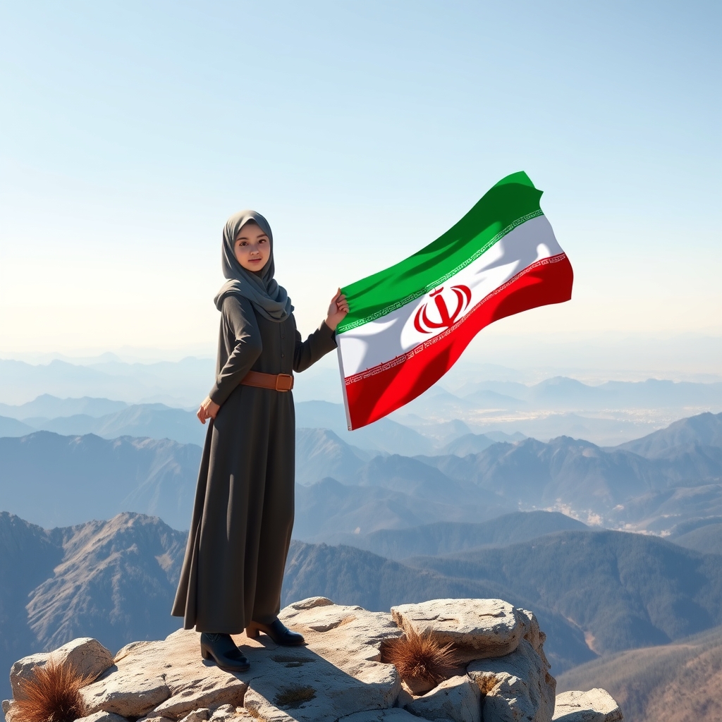 عکس دختر با حجاب که در قله ی کوه وایساده و پرچم ایران دستش است 1