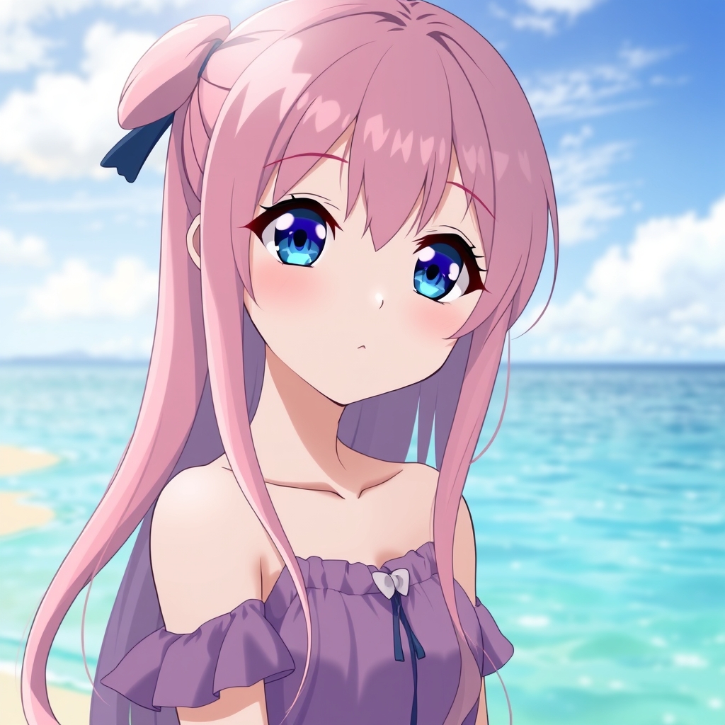 دختر زیبا با  لباس ساحلی  بنفش و موهای بلند صورتی و چشم آبی 1