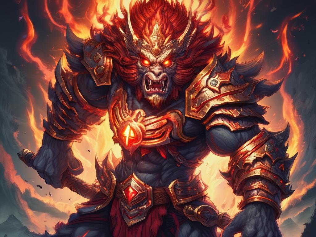 پادشاه میمونها با زرهی قدرتمند بانقوش باستانی واتشی با سلاحی قدرتمند با قدرت رعد ابی وچشمانی سرخ آماده مبارزه با خدایان 7