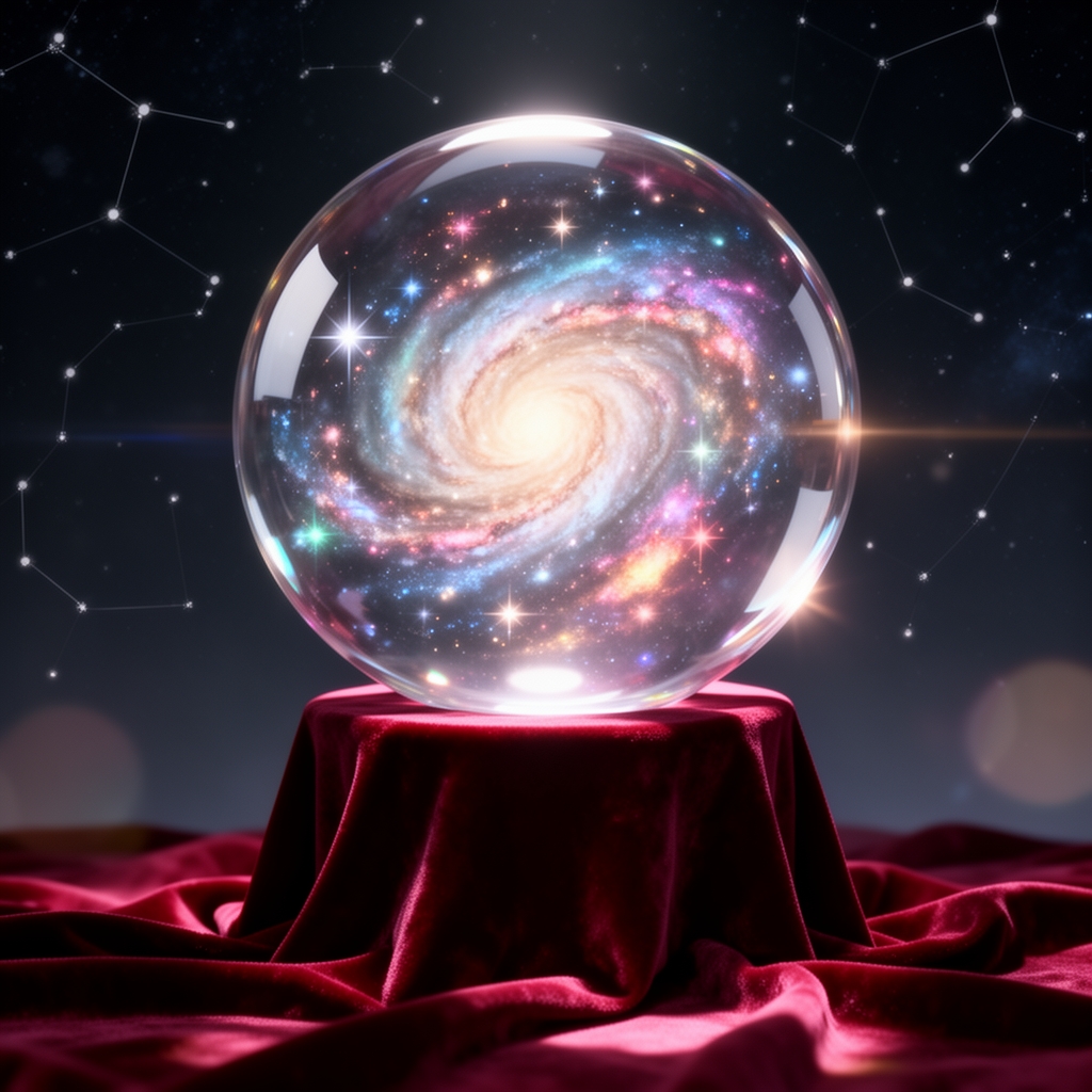 یک کره شیشه‌ای پر از کهکشان‌های چرخان، قرارگرفته روی پایه‌ای مخملی.3