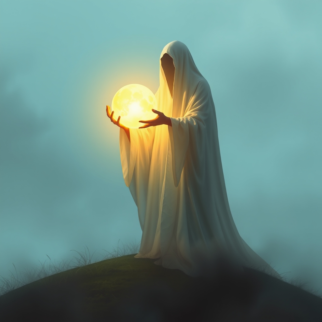 یک شبح مرموز از فردی که یک کره درخشان در دست دارد، ایستاده روی تپهای مهآلود.15