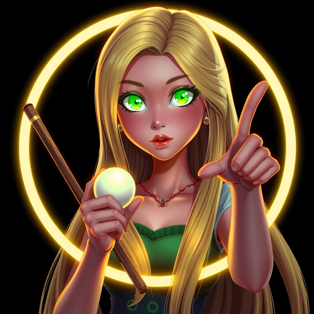 عکس انیمیشنی از یه دختر مثل راپونزل ، که چشمای سبز فسفری داره ، یه دستش چوب بیلیارده و یه دستش یه توپ بیلیارده که آورده ش بالا و داره به طرف مقابل که من باشم نشونش میده ، بعد اینکه موهاش استخوانی رنگ هست مثل خود راپونزل خیلی بلند و صاف هست که دور تا دور کادر دایره ای عکس پیچیده و یعنی حلقه دور عکس با فاصله از خودش ، موهای راپونزله و اینکه حلقه یعنی موهای راپونزل میدرخشه به رنگ زرد و استخوانی و زمینه پشتش هم مشکی هست2