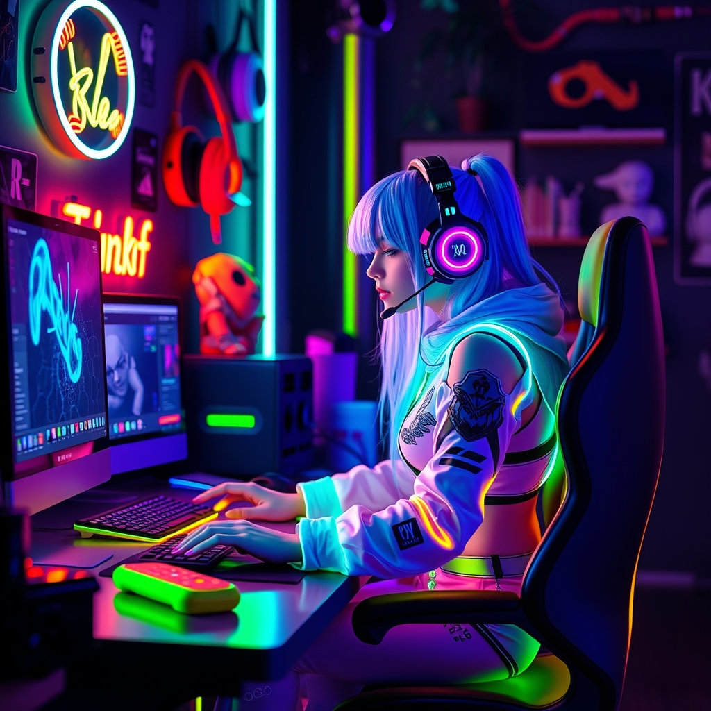 یه دختر گیمر که پشت یه میز گیمر و کامپیوتر نشسته16