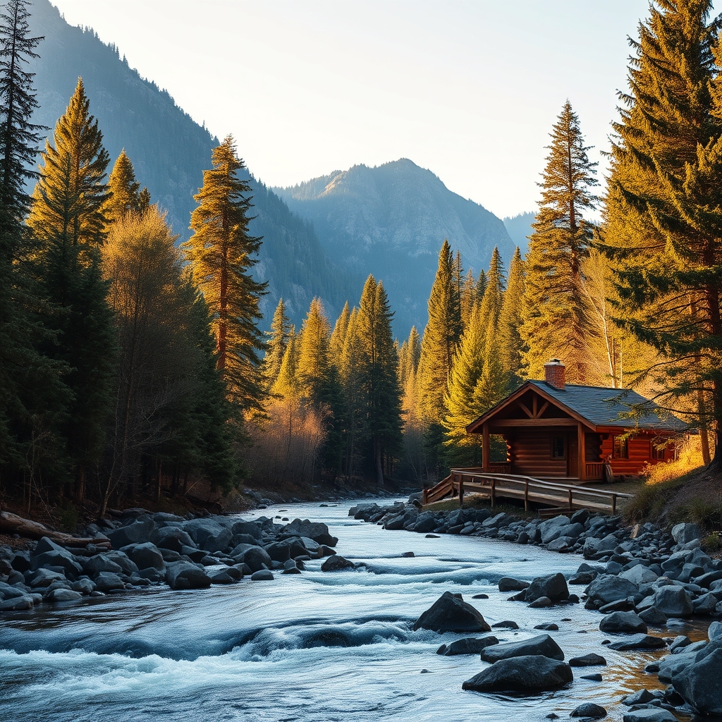 لوکیشن یه منظره با رودخانه جاری از کوه و درخت کاج و کلبه چوبی5