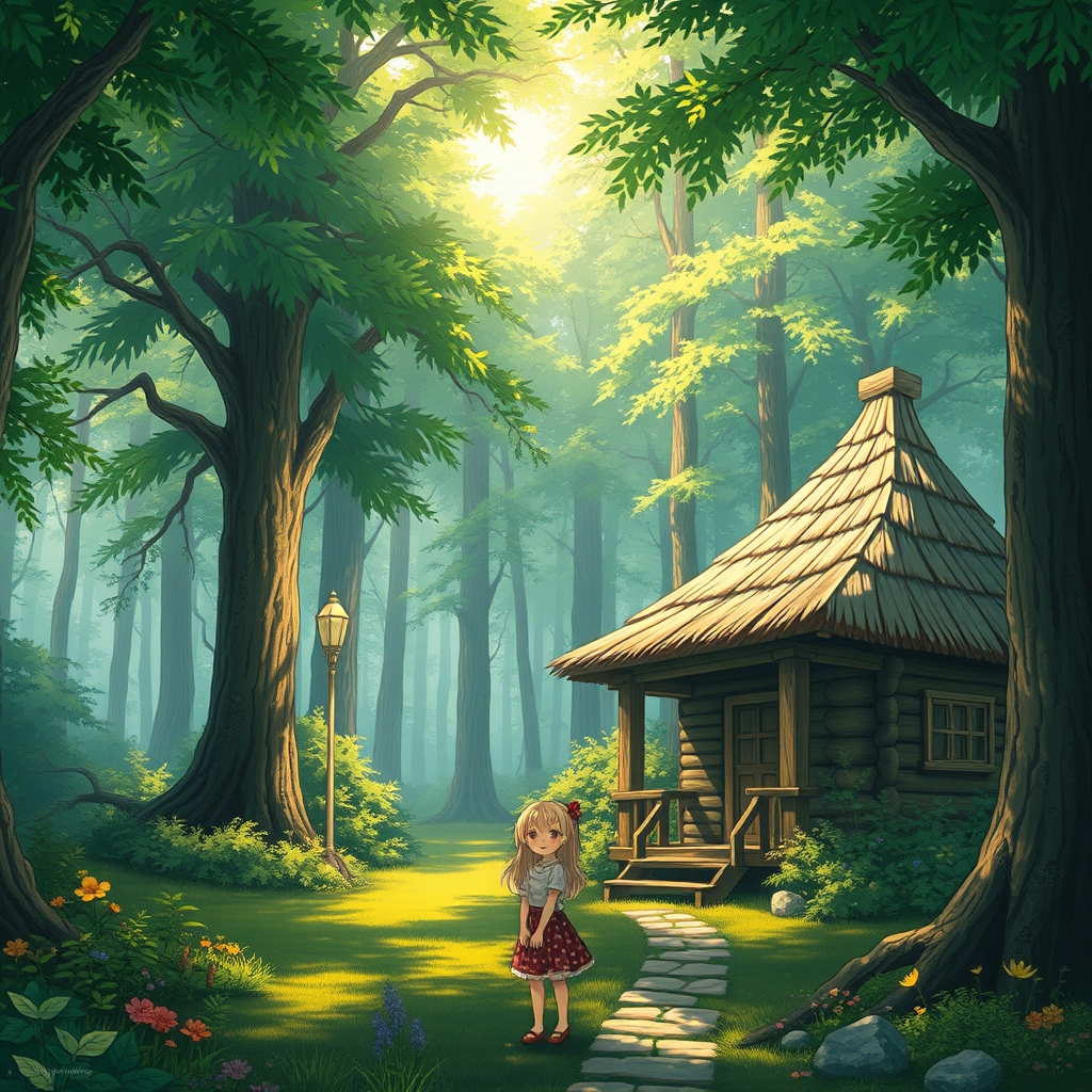یک دختر با مو هایی از جنس طلا در جنگلی انبوه و زیبا با کلبه ای چوبی15