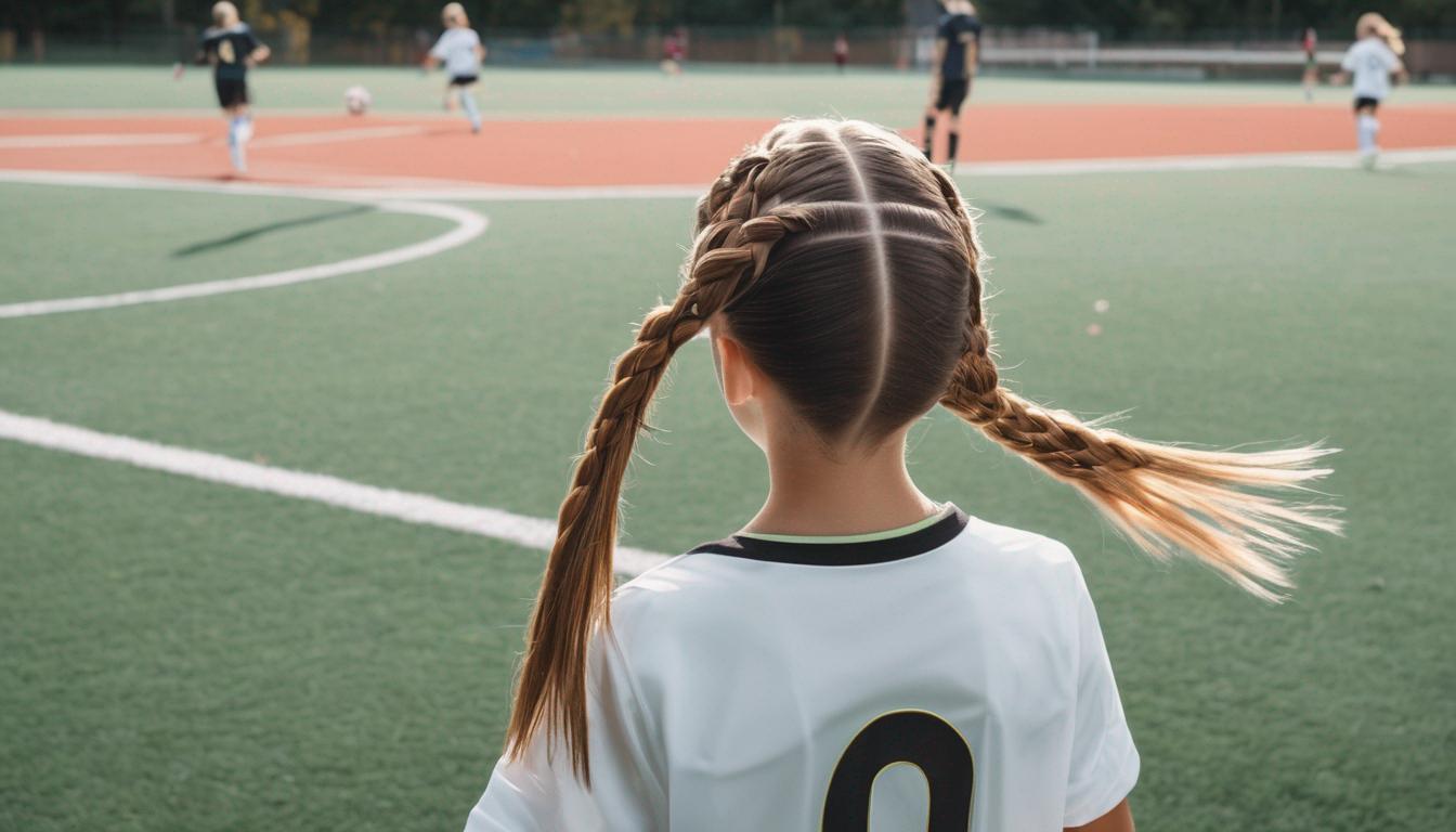 دختری که در حال فوتبال بازی کردن است با یگ رگه موهای بافته در جلوی سر23