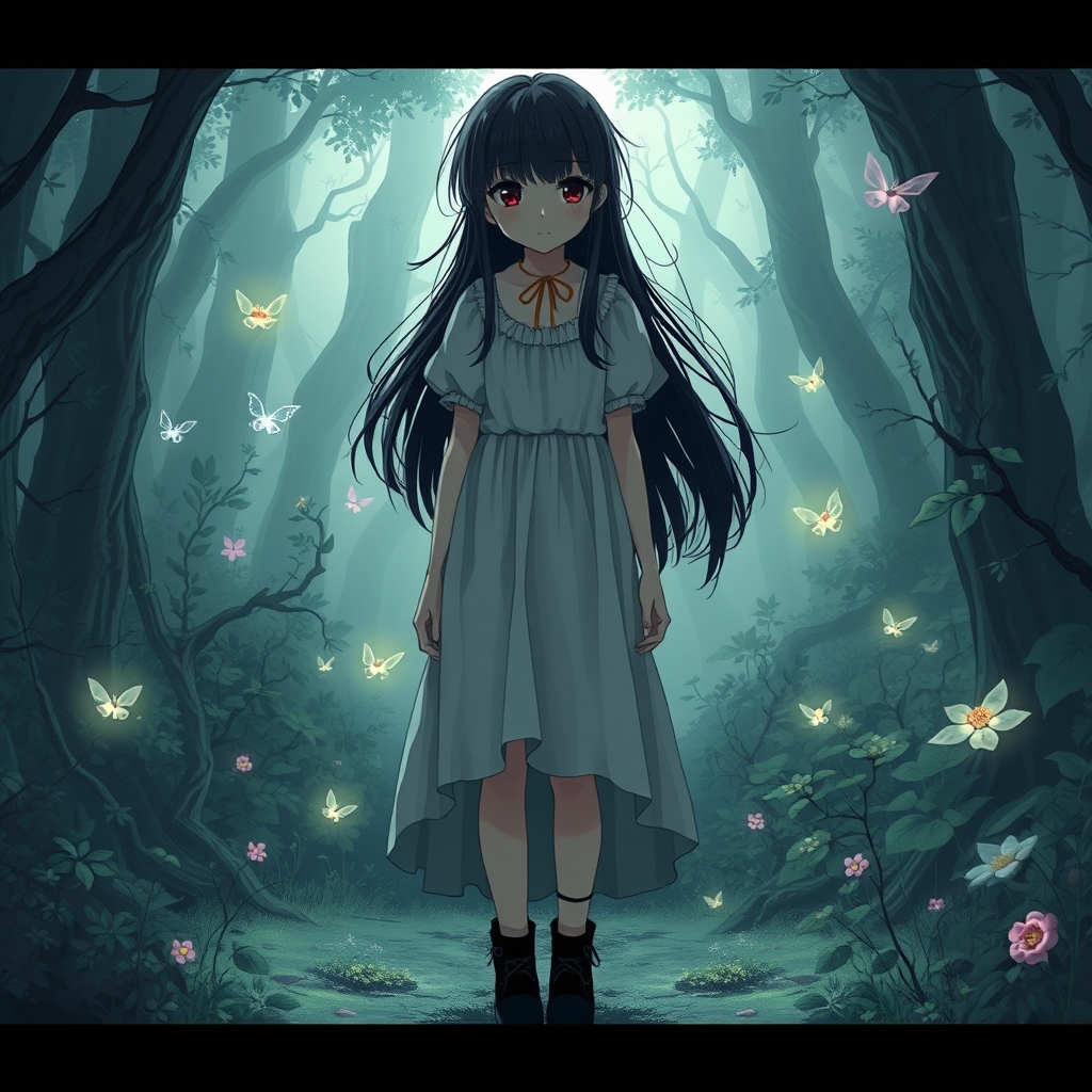 یک دختر با لباس قدیمی و کهنه و سفید، مو های سیاه، کفش های سیاه، و چشم های قرمز در جنگلی راز الود با گیاهان و ارواح23