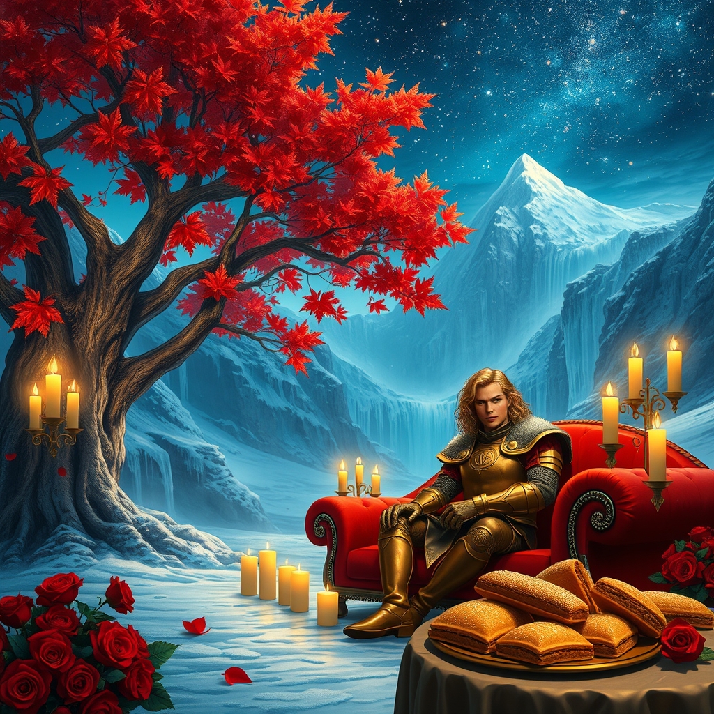 عکس یک کوه یخ زده در زمستان با آبشار های روان و یک درخت بزرگ افرای سرخ بر کاناپه قرمز سردار جوان تاتاری موطلایی مجعد با چشم سبز قد بلند و تنومند با زره طلا بر تن نشسته اطرافش پر از شمع و گل سرخ ست در یک شب درخشان و یک ظرف شیرینی باقلوا و باسلوق کنار کاناپه
10