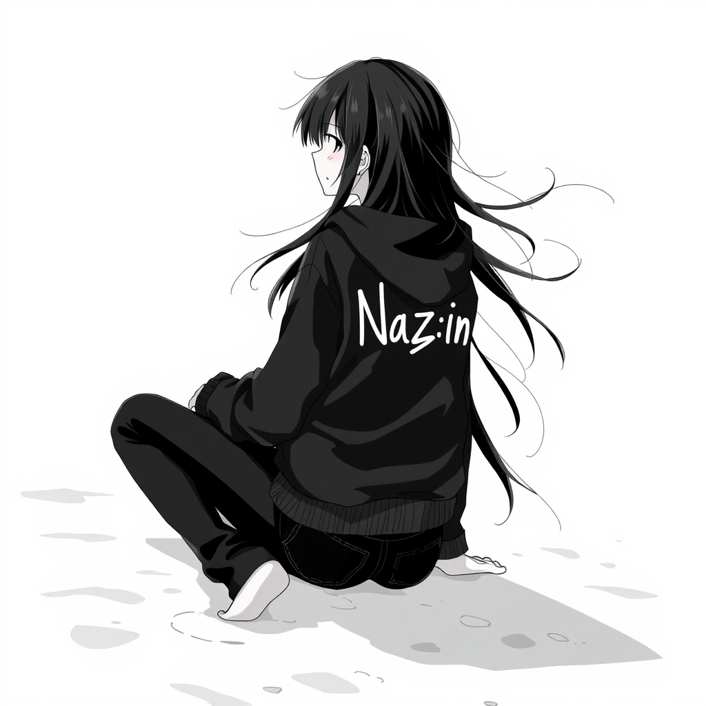 یک دختر با موهای مشکی بلندو هودی سیاه که روی هودی نوشته شده نازنین و لب ساحل نشسته وبا شلوار جین مشکی هست و موهاش داخل باد پرواز میکنند و دختر پشت به دوربین است و تم تصویر هم سیاه و سفید خفن هست3