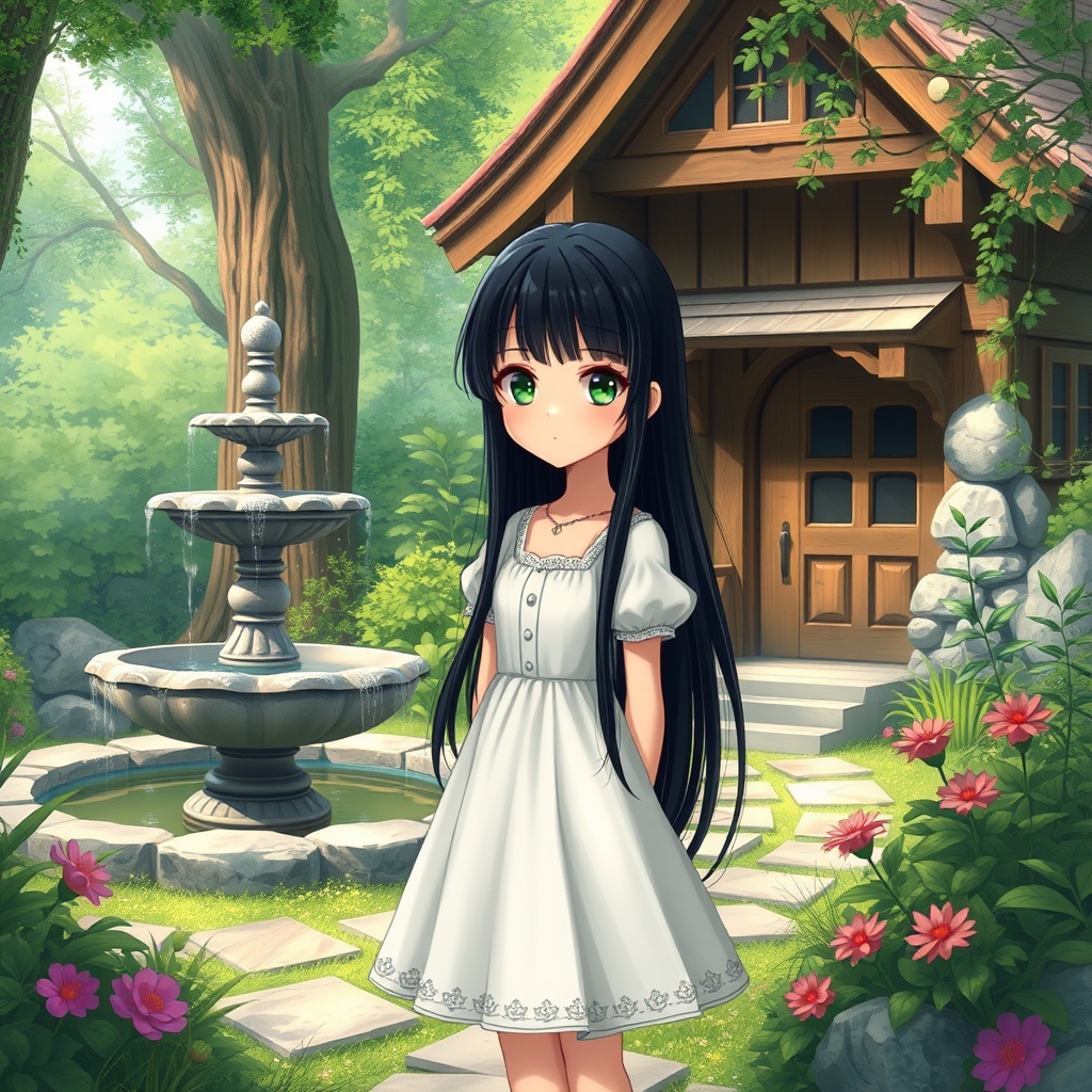 دختری در باغی کنار خانه چوبی و آبشاری قشنگ با لباس پرنسس الماسی موهایی بلند به رنگ مشکی چشم های سبز و درشت 0