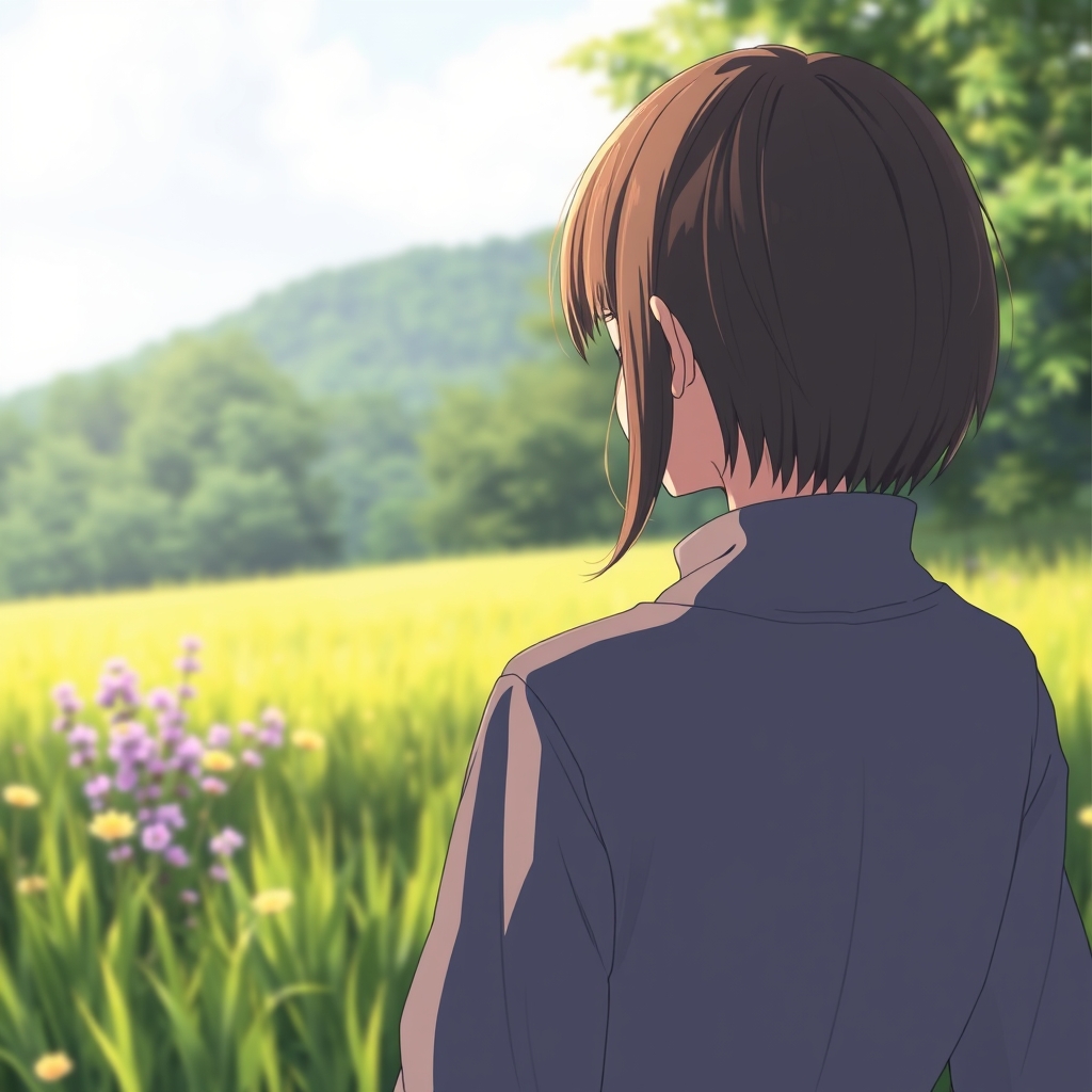 دختری نوجوان از پشت و از نمای دور که به یک منظره چمن زار نگاه می کند0