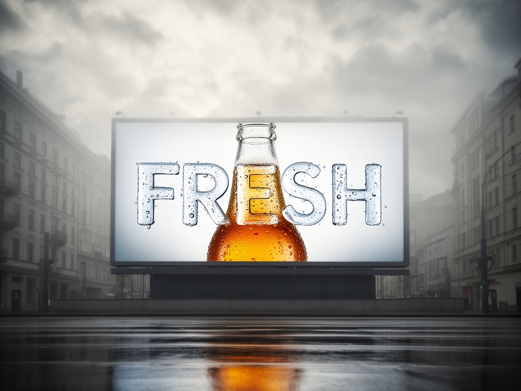 ماکت بیلبورد تبلیغاتی شهری با پس‌زمینه آسمان ابری، روی بیلبورد عکس یک نوشابه خنک است و کلمه "FRESH" با قطرات آب نوشته شده.3
