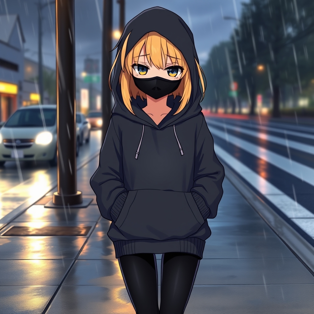 یک دختر با مو های طلایی و که ماسکی مشکی به صورت زده و هودی مشکی که کلاهش را روی سرش انداخته به تن دارد و یک لگ مشکی با کفش های بوت مشکی در هوای بارانی که در عصر است به سمت دوربین میآید و دست هایش را در جیب هودی اش کرده در پیادرو راه می رود و با خشم به زمین پیادرو نگاه می کند1