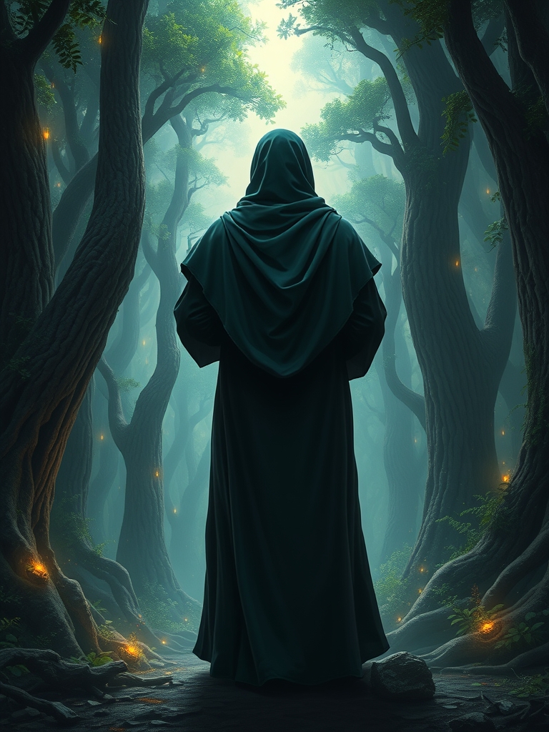 عکس  پشت از امام زمان با قبا و عبا و شال سبز در وسط جنگل7