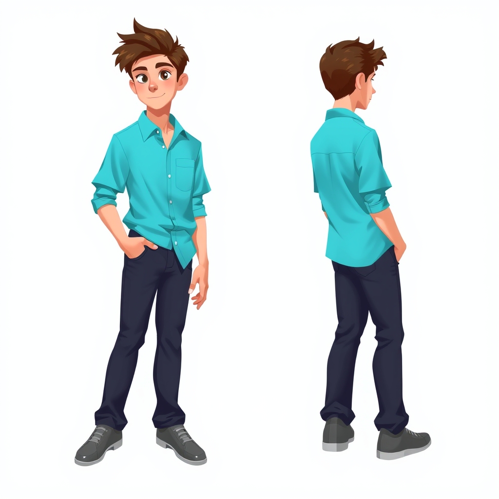 یه پسر با لباس ابی روشنی که تو چشم میزنه و شلوار ابی پرنگ تو چشم و کفش های طوسی و موهای سرش قهوه ای و حالتش لاته و چشماشم سفیده21