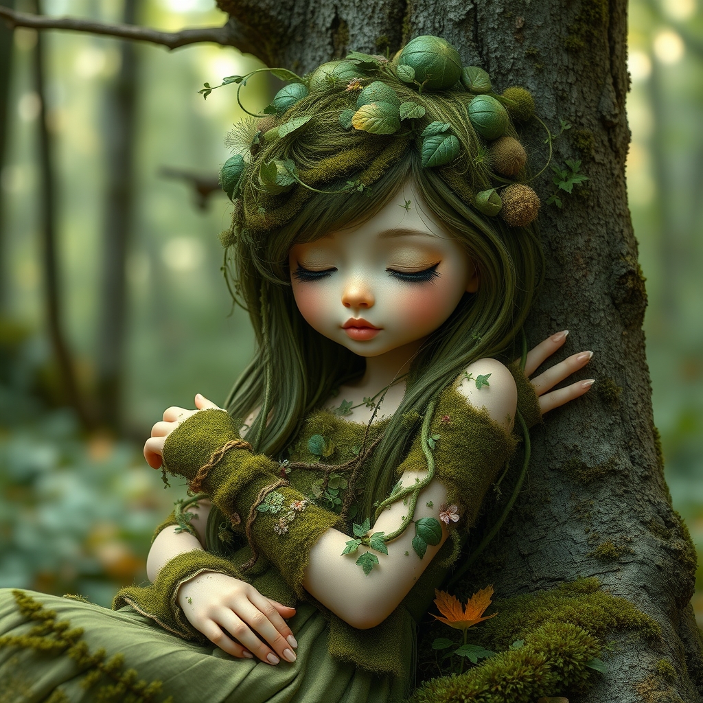 عکس دختر با موهای گیاهی که چشماشو بسته و مثل صورتشو. که نصف صورتشو خزه زده. دست و پاش خزه زده است. با پیرهنی از جنس گیاه و خزر و گل خوابیده در جنگل و به یک درخت تکیه داده شده0