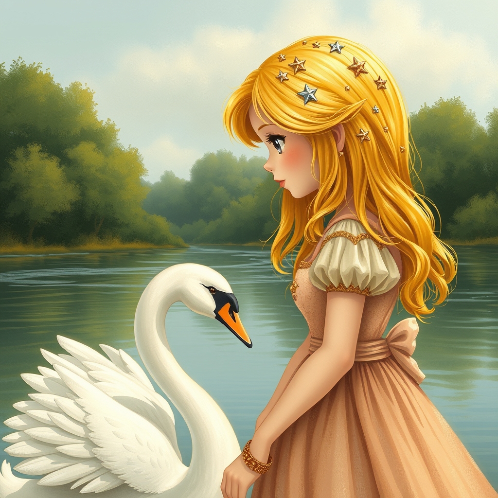 دختری کنار رودی با مو های طلایی که روی آن ستاره باشد و کنار قو باشد با لباس زیبا که نگاه قو میکند نیم رخ18