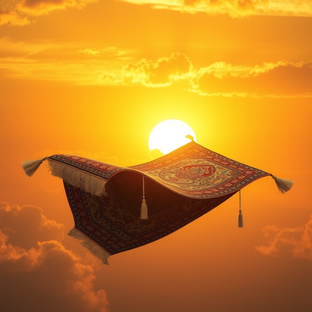 یک قالی ایرانی که به یک قالی پرنده جادویی تبدیل می‌شود، در آسمان غروب طلایی.4