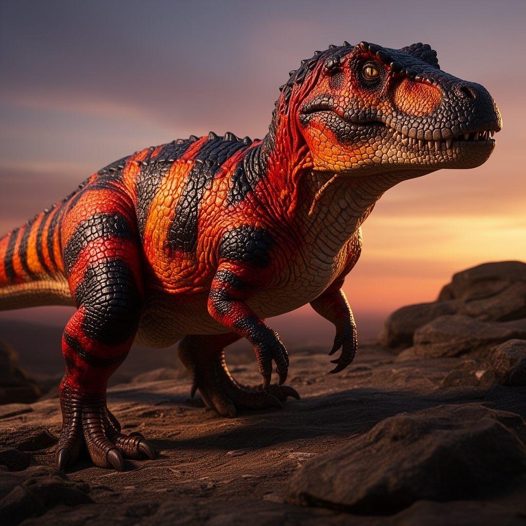 یک کارنوتاروس با پوست سفت و زبر با رنگ قرمز و نارنجی و سیاه و با کله تمساح0