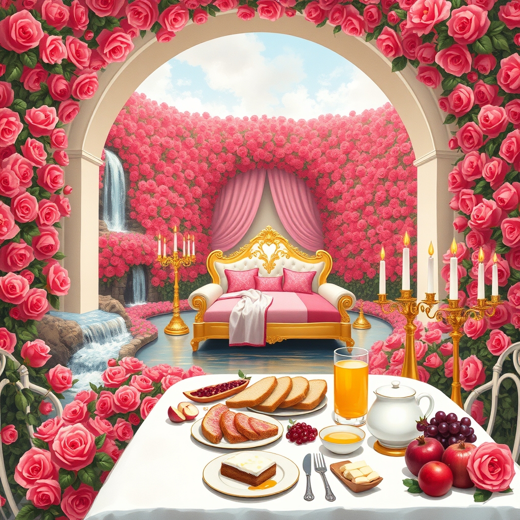 باغ گل رز سرخ و صورتی در و دیوار زمین همه جا سرتاپای باغ با رز سرخ و صورتی پوشیده شده 
آبشاران جاری اند
رودها به هم می ریزند
یک طاق گل صورتی 
یک تخت خواب سفید طلایی سلطنتی با کوسن صورتی و شمعدان های طلا پر شمع 
یک میز سفید و طلایی مجلل صبحانه 
پر نان کره خامه عسل مربا شیر میوه سیب انار انگور5