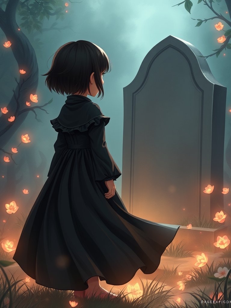 دختری جوان با موهای نه چندان بلند سیاه  و لباس  حریری سیاه  به قبری نگاه می کند16