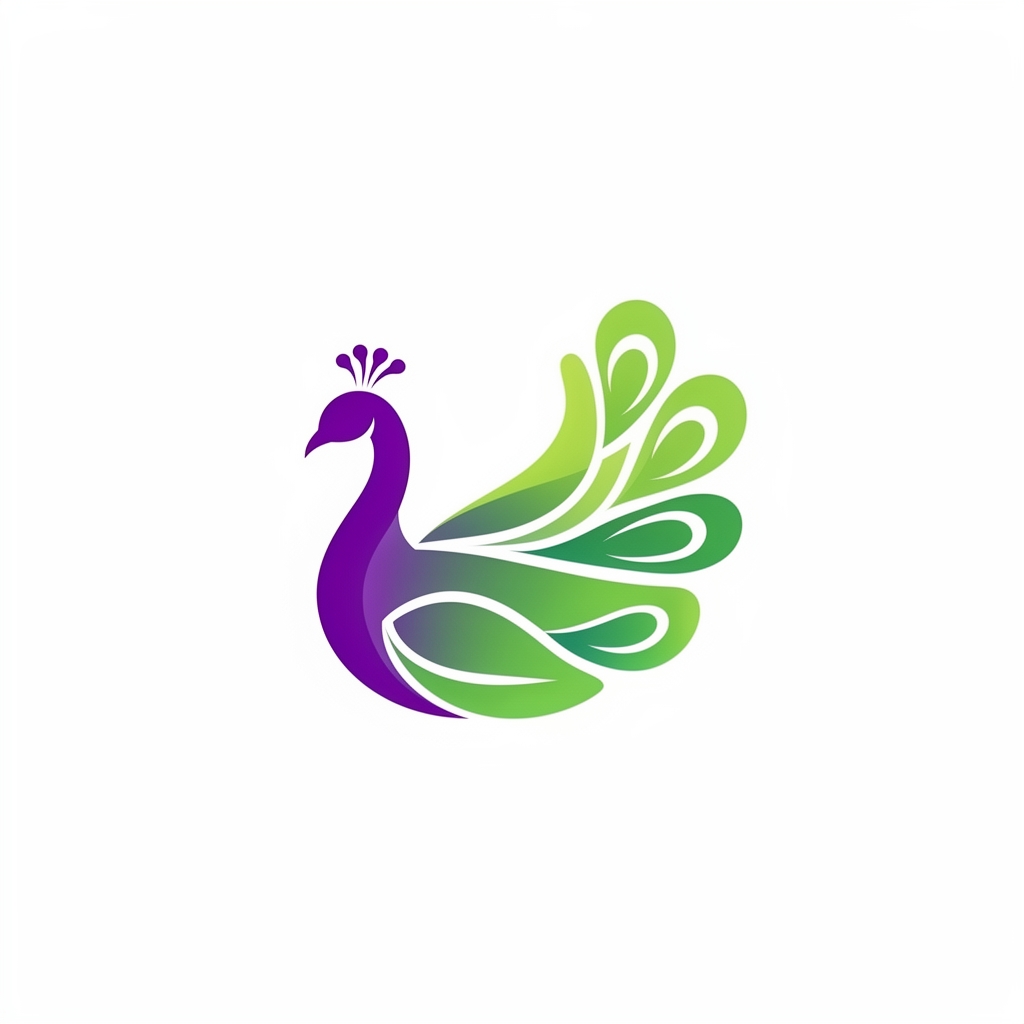 Colorful vector logo in the shape of a peacock bird, designed with soft curved lines, purple and green gradients, simple white background.8