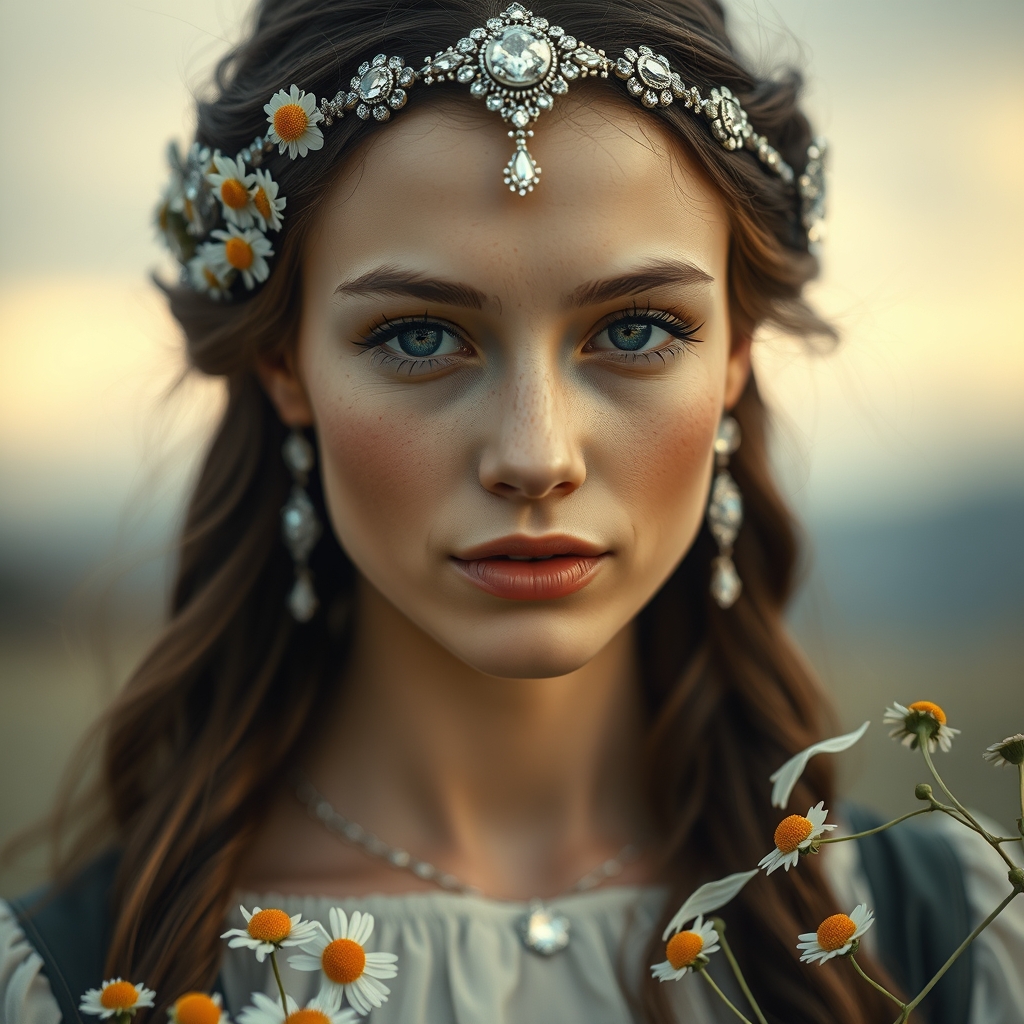 زنی سفید روی با چهره ای هم چون ماه و درخشان و ملکه نوازش و الماس ها و گل های بابونه 🌼14