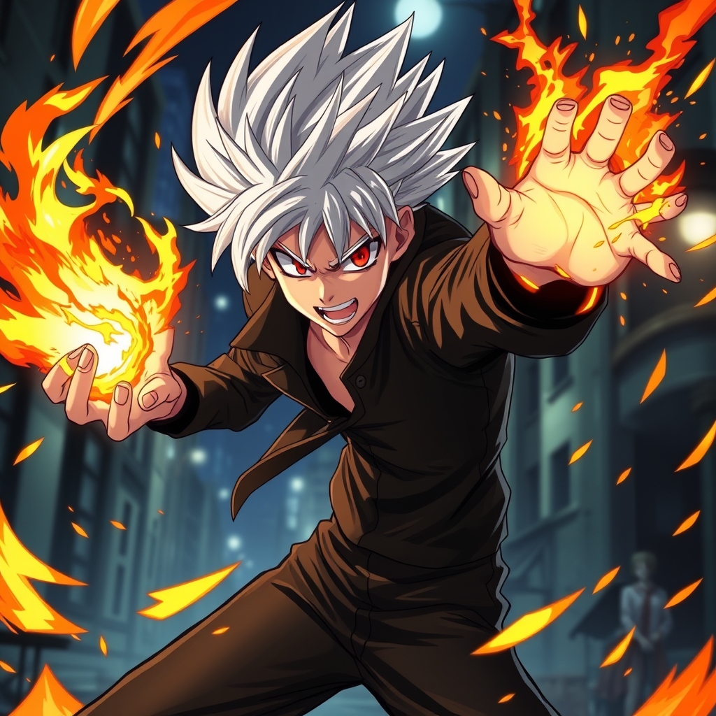 کاراکتر انیمه پسر با موهای سفید و چشمان قرمز که جادوی آتش در دست دارد، افکت‌های ویژه تصویری، حالت تهاجمی و اکشن.0