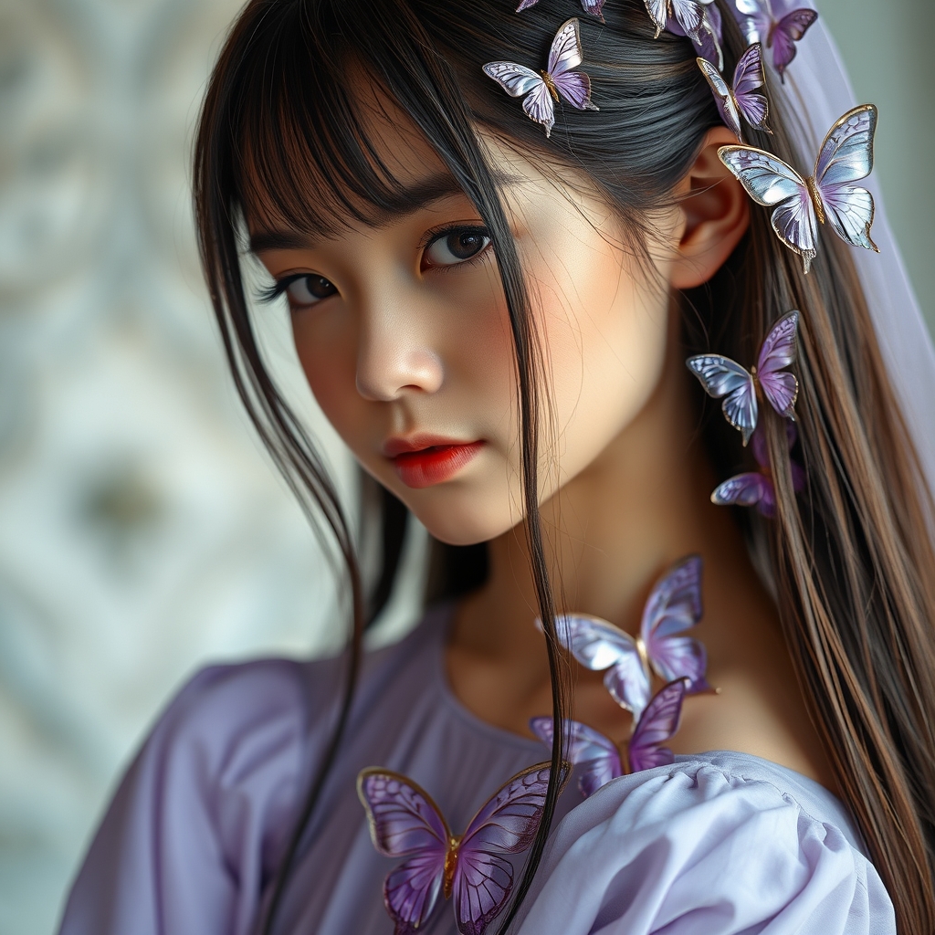 دختری با مو های بلند قهوه ای تیره و پر پشت که پروانه های شفاف یاسی با رگ های طلایی تزئین شده. مو های خاکستری.مژه های بلند. صورتی متناسب و جذاب و زیبا.اندام بدن کشیده و طریف. ابرو های ظریف.ناخن های براق.قد متوسط. پوست سفید و صاف. لباس یاسی با آستین های بسیار بلند که پروانه های شفاف یاسی ان را مزین کرده اند.گردنبند پروانه ای شفاف بنفش با رگه های طلایی. در استانه ۱۹ سالگی.8