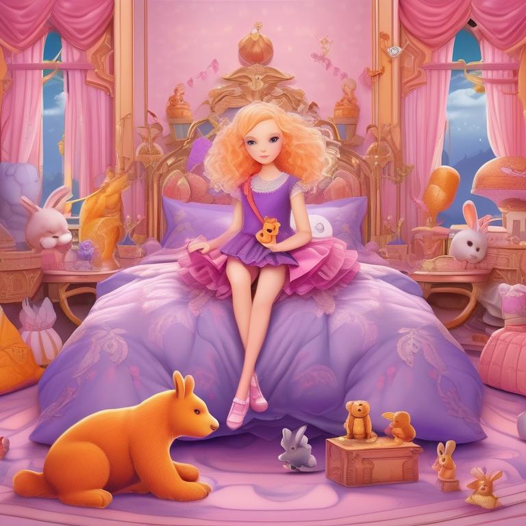 قصری پر از وسایل فانتزی رنگ صورتی با دختر ی با لباس بنفش و دامن کوتاه نارنجی روی تخت نرم با روکش صورتی ترکیبی با رنگ نارنجی و موهای زرد رنگ کنار عروسک های خرگوشی و خرسی صورتی رنگش20