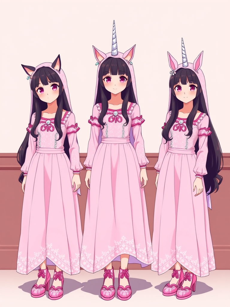 ستین و سوین و سلین سه خواهر سه قلو و شبیه هم هستند و ۱۵ ساله هستند و موهای بلند و مشکی دارند و چشم صورتی دارند و لباس های هر سه تاشون صورتی اکلیلی و با دامن بلند مثل پرنسس ها است و کفش های صورتی و براق و اکلیلی دارند و ستین شبیه گربه است و سوین شبیه خرگوش است و سلین شبیه اسب تک شاخ است 4