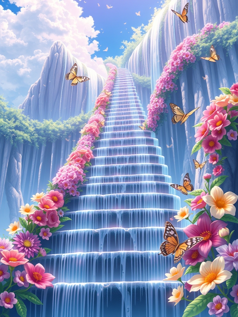 پله با آبشار یاخته شده و تا آسمان ادامه داره یک طرف او گل های رنگی و یک طرف دیگه پروانه ها 11