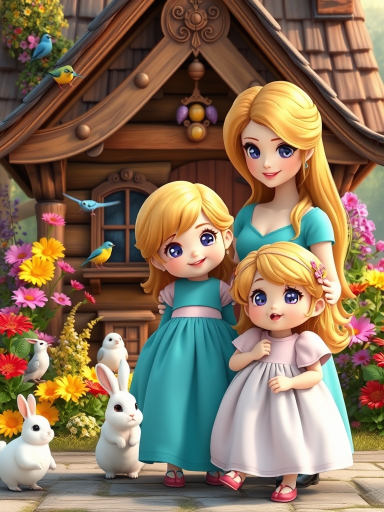 یه دختر بچه ی ناز و تپلی با موهای طلایی و چشمهای بنفش و پیراهن پف پفی جلوی یه کلبه ی چوبی خوشگل ایستاده و همه جا پر از شکوفه های رنگارنگ است و چند پرنده و یک خرگوش تپلی سفید که با دختربچه دوست است ، مادر زیبایش با هیکلی زیبا و موهای بلند طلایی و چشم های بنفش و پیراهن پفی فیروزه ای با لبخند به دخترش نگاه میکند، سبک انیمه‌ای10