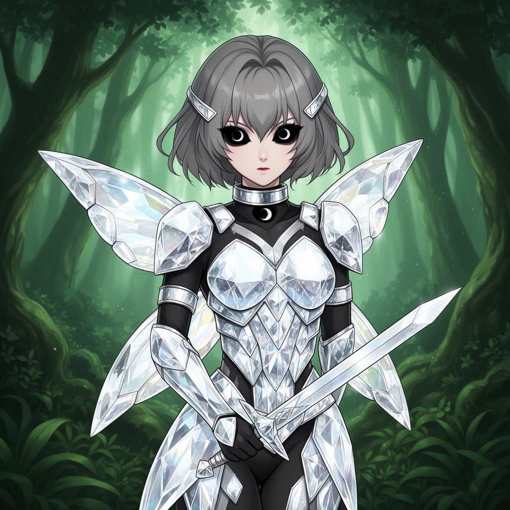 جذادختری از جنس الماس با موهای مصری کوتاه طوسی وچشم های مشکی در ان چشم ها ماه است با لباس جنگی که پروانه ای است وگردن بند الفا ای هم در گردن داردو در جنگل سر سبز و شمشیر ساده ای از جنس الماس ب ترین خوناشام دختر دنیا5