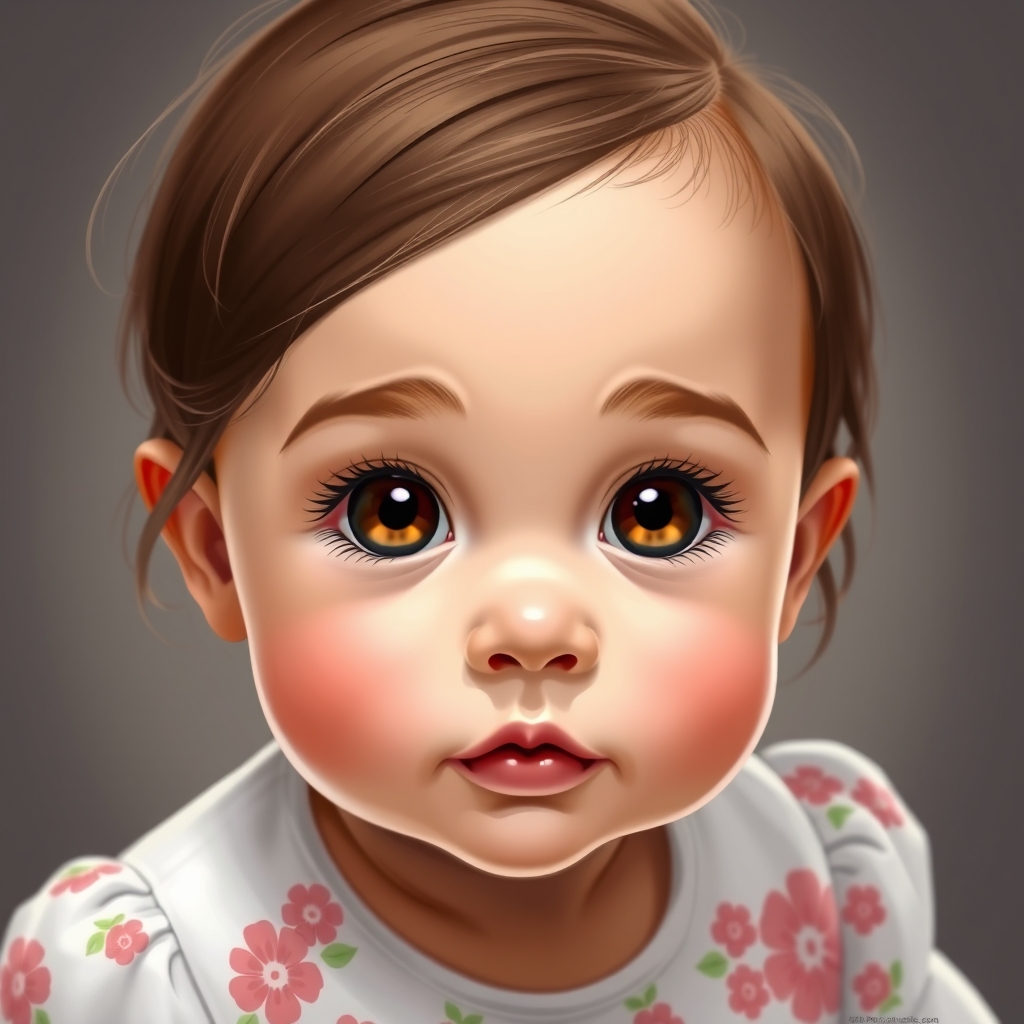 دختری کوچک ۹ ماهه با موهای قهوه ای یه گوشی چشم های درشد قهوه ای لپ ها بزرگ و قرمز لباس سر هم سفید که گل های رنگا بارنگ
لب کوچک قرمز آبروی کمرنگ   0