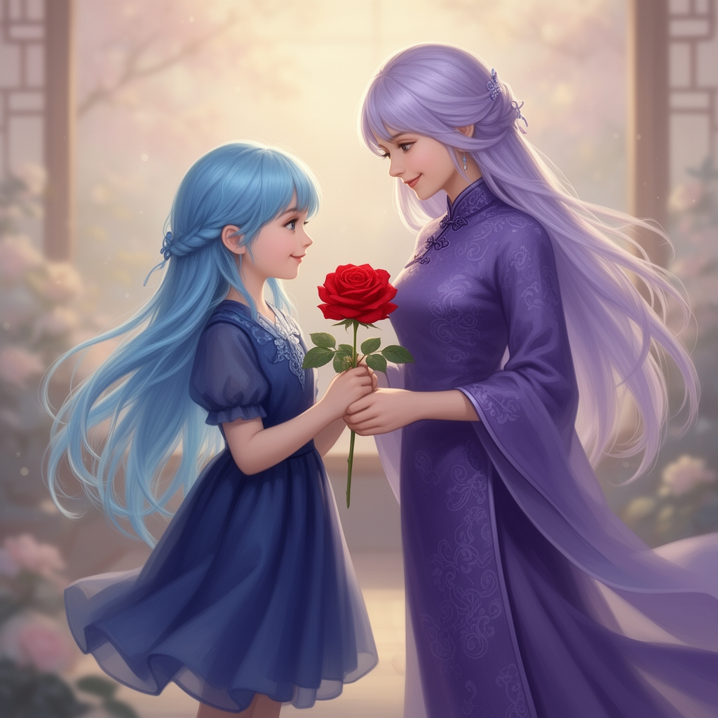 یک دختر بچه به موی بلند آبی آسمانی لباس و دامن نیلی زیبا که گل رز قرمز در دست دارد و داره به مادرش می دهد مادرش هم با موی بلند بنفش کمرنگ و پیرهن دامدار بنفش پرنگ چینی4