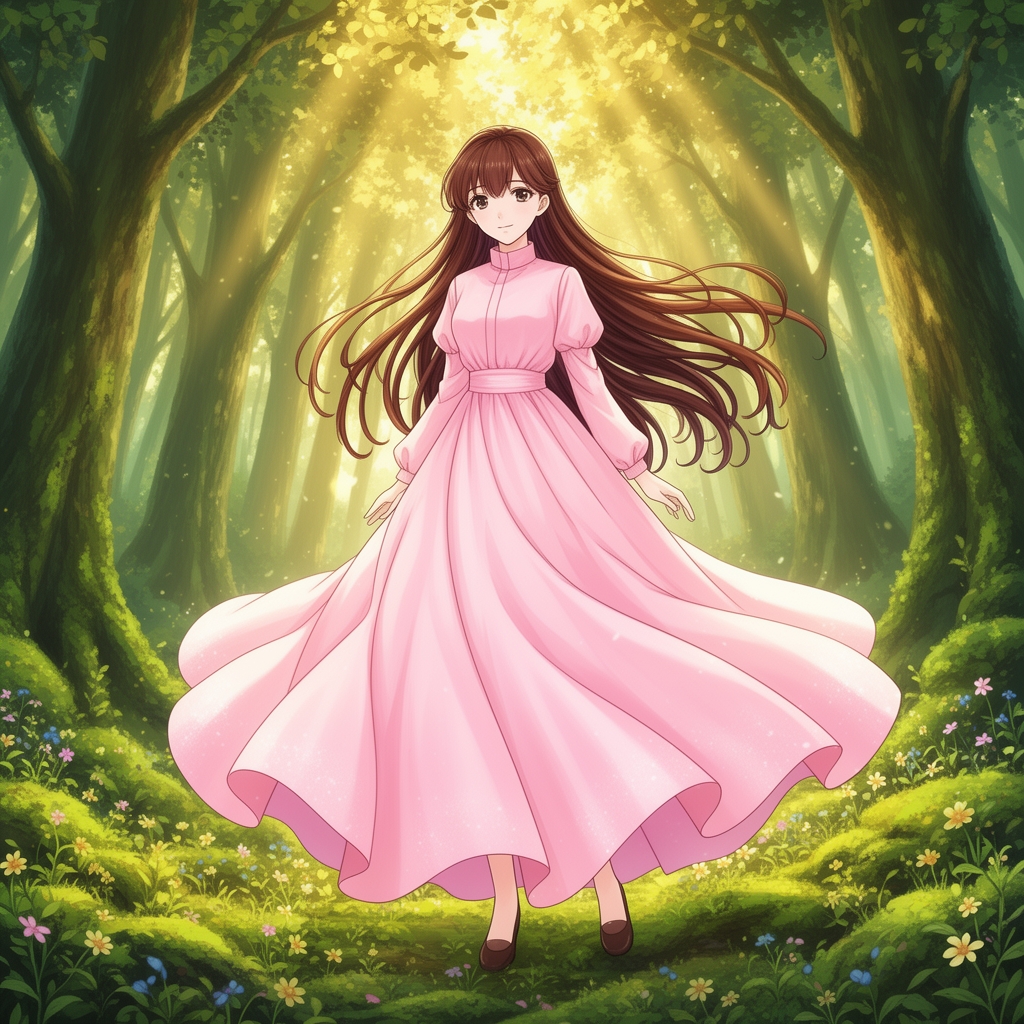 دختری زیبا بالباس صورتی بلند پفدار درجنگل زیبا موهای بلند 3